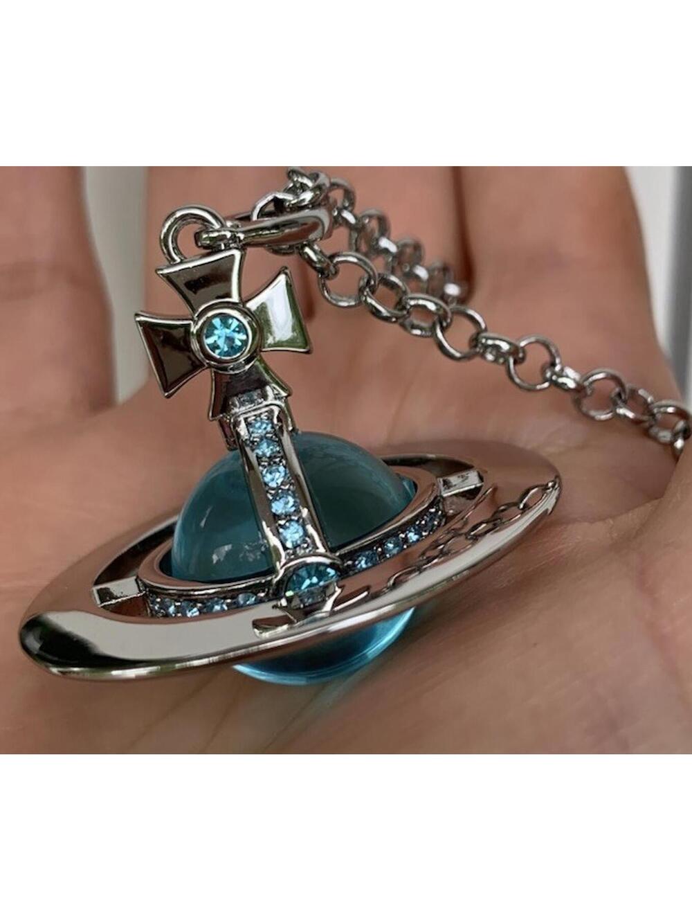 Vivienne Westwood  Necklace Large Orb Silver Light Ocean Blue Chrystal Pendent n